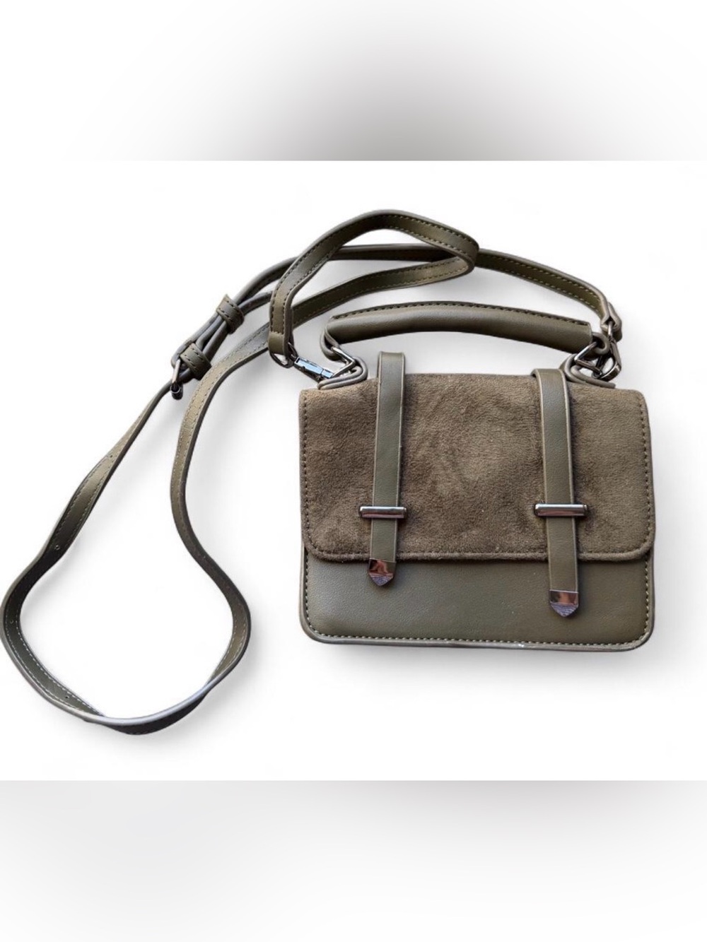 Olive Green Suede-Trim Crossbody Bag with Adjustable Strap